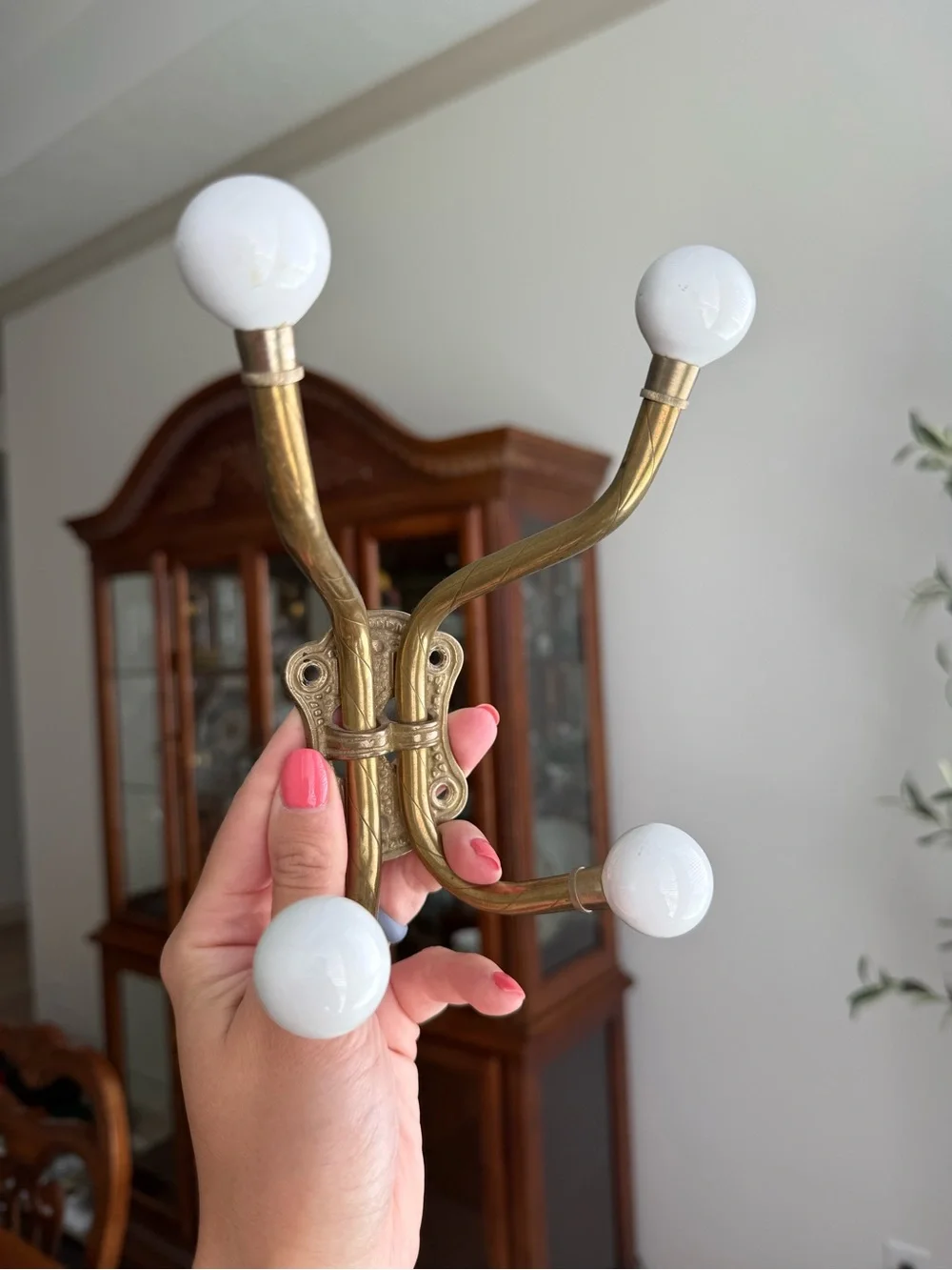 Brass Wall Hook with White Porcelain Knobs - Home Wall Decor
